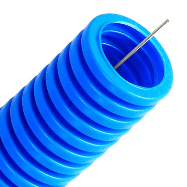 Труба гофрированная ПП HF 32 мм лёгкая безгалогенная с протяжкой синяя [бухта 25м] Промрукав (гофра для кабеля)