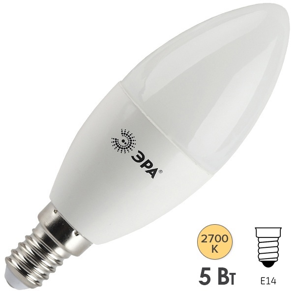 Лампа светодиодная свеча ЭРА LED B35 5W 827 E14 теплый свет 528855