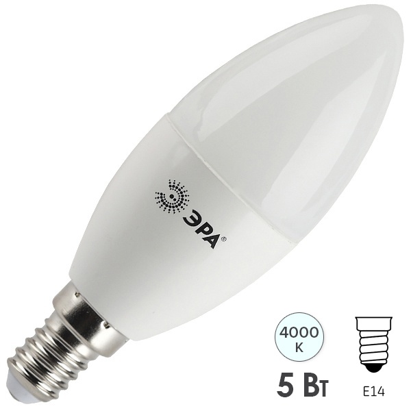 Лампа светодиодная свеча ЭРА LED B35 5W 840 E14 белый свет 528862
