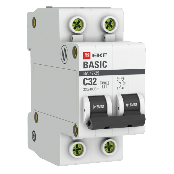 Автоматический выключатель 2P 32А (C) 4,5кА ВА 47-29 EKF Basic (автомат электрический)