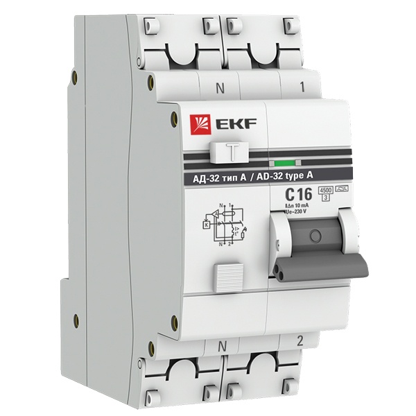 Дифференциальный автомат 1P+N C16А 10мА тип А однофазный электронный 4,5кА АД-32 PROxima EKF (дифавтомат, АВДТ)
