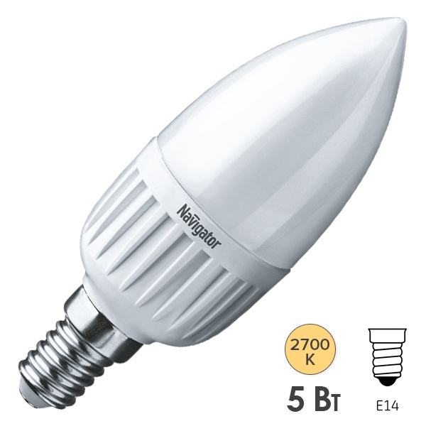 Лампа светодиодная свеча Navigator 94 480 NLL-P-C37-5-230-2.7K-E14-FR 5W 2700K 375lm теплый свет