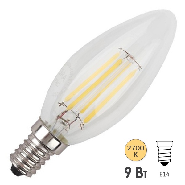Лампа филаментная свеча ЭРА F-LED B35 9W 827 E14 теплый свет (5056306012891)
