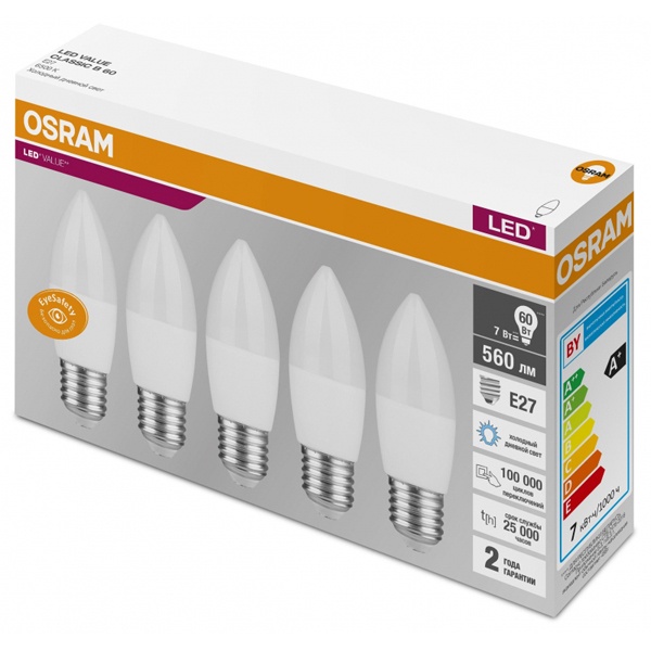 Лампа светодиодная OSRAM LED Value LVCLB60 7SW/865 6,5W 6500K 230V E27 560Lm 105x38mm упаковка 5шт.