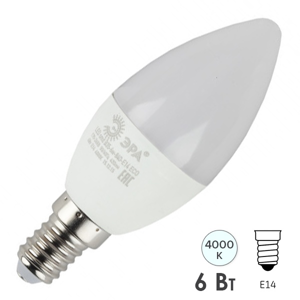 Лампа светодиодная свеча ЭРА RED LINE ECO B35 6W 840 E14 нейтральный свет (5055945557060)