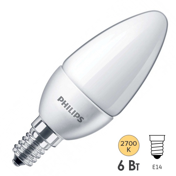 Лампа светодиодная свеча Philips ESS LEDCandle B35 6W (60W) 827 230V E14 FR 450lm