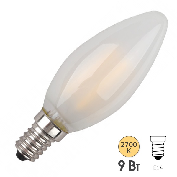 Лампа филаментная свеча ЭРА F-LED B35 9W 827 E14 матовая теплый белый свет