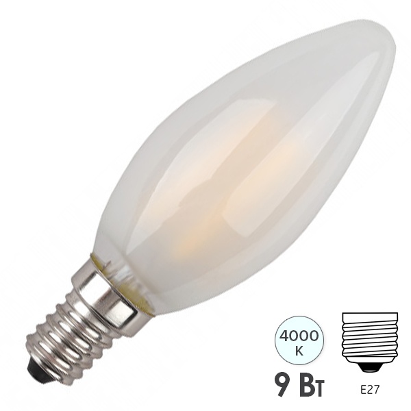Лампа филаментная свеча ЭРА F-LED B35 9W 840 E14 матовая нейтральный белый свет