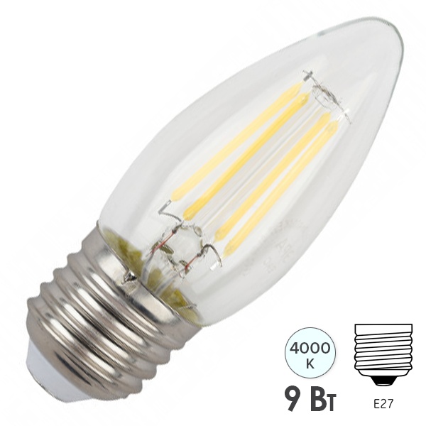 Лампа филаментная свеча ЭРА F-LED B35 9W 840 E27 нейтральный белый