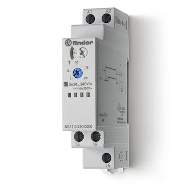 Модульный многофункциональный таймер Finder 16A 24-240В AC/DC 1CO 0.1с…24ч на DIN-рейку 1м