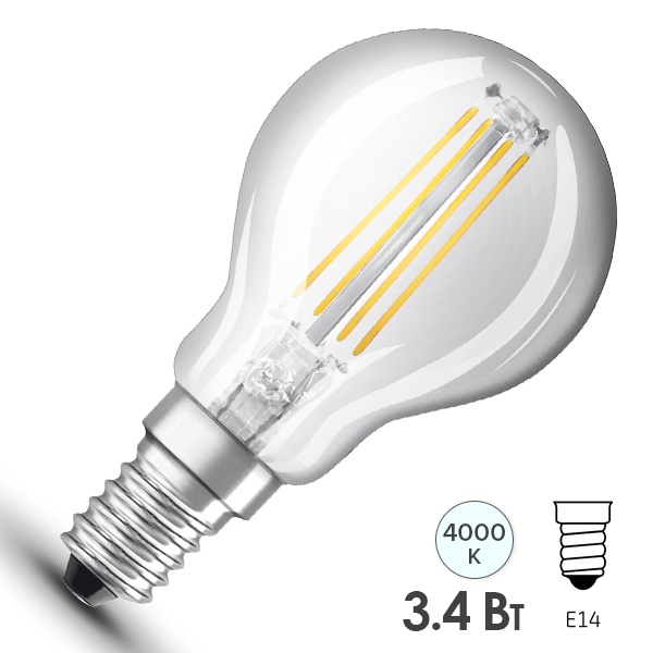 Светодиодная лампа шарик LED SUPERSTAR+ CL P 3,4W (40W) 4000K E14 CL диммируемая филаментная Osram
