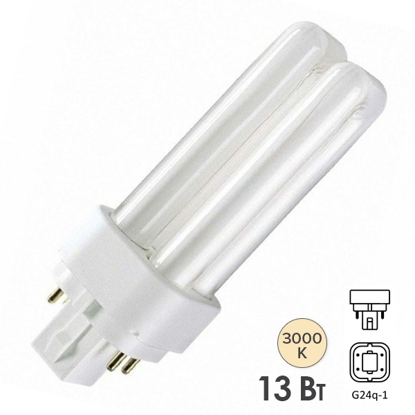 Лампа компактная люминесцентная Dulux D/E 13W/830 3000K G24q-1 тепло-белая Osram