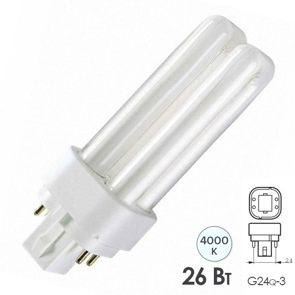 Лампа компактная люминесцентная Dulux D/E 26W/840 4000K G24q-3 холодно-белая Osram