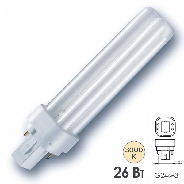 Лампа компактная люминесцентная Dulux D/E 26W/830 3000K G24q-3 тепло-белая Osram