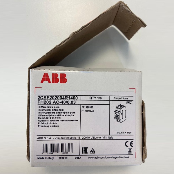 Устройство защитного отключения (УЗО) ABB FH202 номинальный ток 40А, ток утечки 30mA, тип AC, 2 полюса, 2 модуля