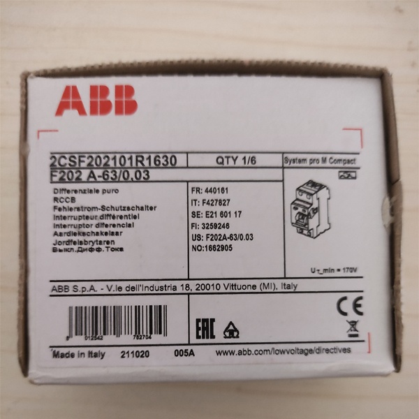Устройство защитного отключения (УЗО) ABB F202 номинальный ток 63А, ток утечки 30mA, тип A, 2 полюса, 2 модуля