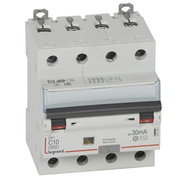 Дифференциальный автомат 4P C10A 30мА тип AC трехфазный электромеханический 6кА DX3 Legrand (дифавтомат, АВДТ)