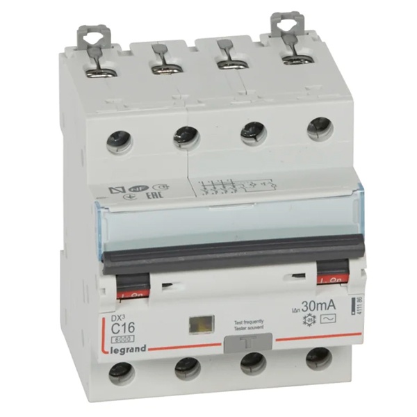 Дифференциальный автомат 4P C16A 30мА тип AC трехфазный электромеханический 6кА DX3 Legrand (дифавтомат, АВДТ)