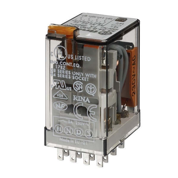 Миниатюрное реле Finder 4СО AgNi 7A AC (50/60Гц) 230В кнопка тест с блокировкой, индикатор
