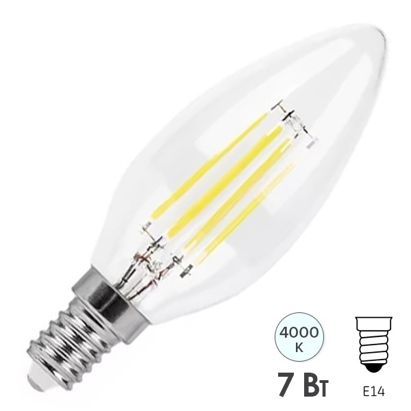 Лампа филаментная светодиодная свеча Feron LB-166 7W 230V E14 4000K 760lm DIM filament белый свет