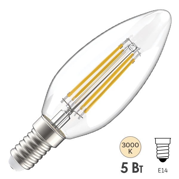 Лампа филаментная свеча LED C35 5Вт 3000К 230В E14 прозрачная серия 360° IEK