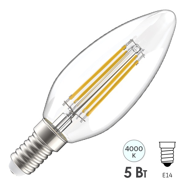 Лампа филаментная свеча LED C35 5Вт 4000К 230В E14 прозрачная серия 360° IEK 615876