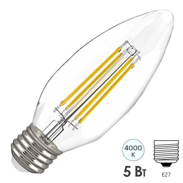 Лампа филаментная свеча LED C35 5Вт 4000К 230В E27 прозрачная серия 360° IEK 615906