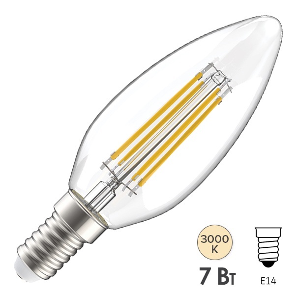 Лампа филаментная свеча LED C35 7Вт 3000К 230В E14 прозрачная серия 360° IEK
