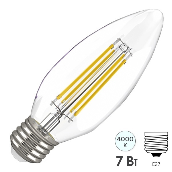 Лампа филаментная свеча LED C35 7Вт 4000К 230В E27 прозрачная серия 360° IEK 616026