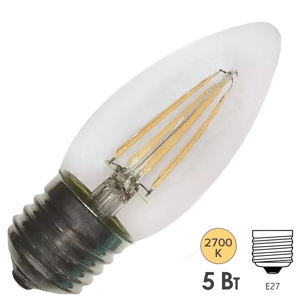 Лампа филаментная свеча Osram LED SCL B 60 5W/827 230V CL E27 600lm Filament