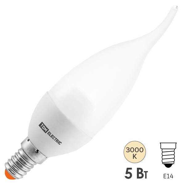 Лампа светодиодная WFC37-5 Вт-220 В -3000 К–E14 (свеча на ветру) TDM