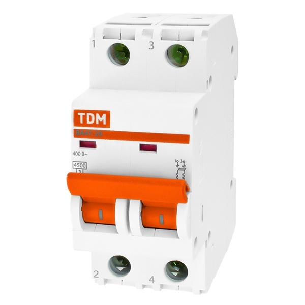 Автоматический выключатель ВА47-29 2Р 2А 4,5кА характеристика В TDM (автомат электрический)