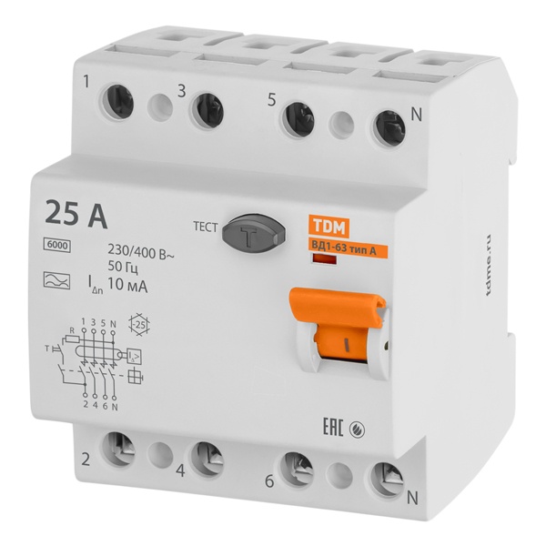 Устройство защитного отключения ВД1-63 4Р 25А 10мА тип А TDM