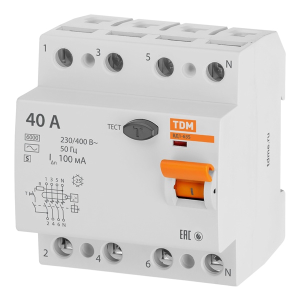 Устройство защитного отключения ВД1-63S 4Р 40А 100мА тип АС селективное TDM