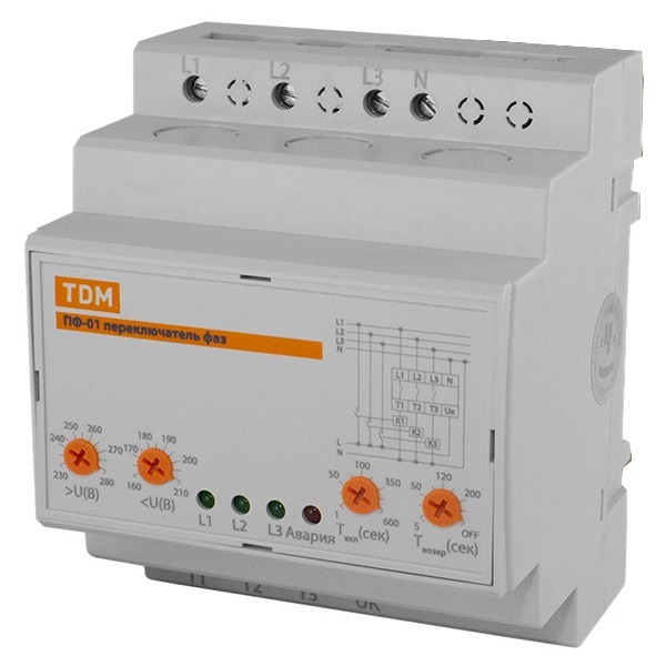 Универсальный автоматический переключатель фаз ПФ-01 3x16A, Umin160-210V, Umax230-280V TDM
