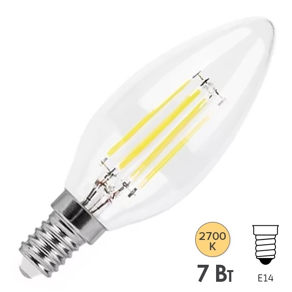 Лампа филаментная светодиодная свеча Feron LB-166 7W 230V E14 2700K 740lm DIM filament теплый свет