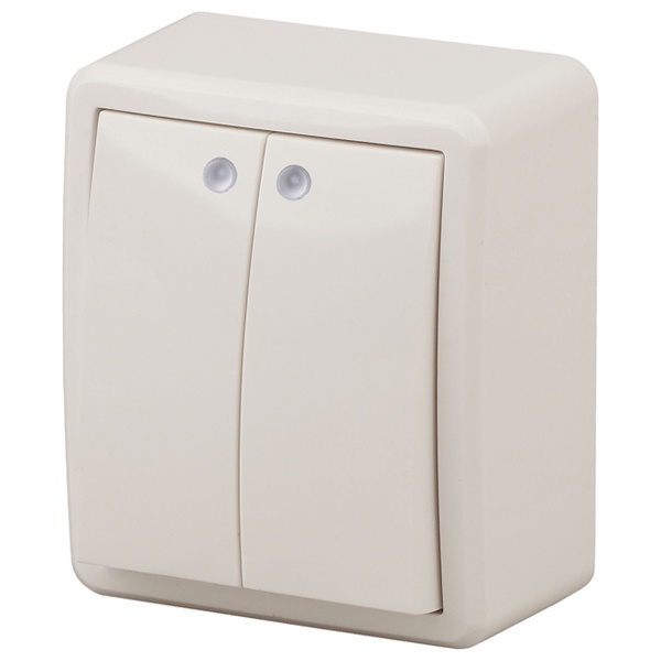 Выключатель двойной с подсветкой ЭРА Эксперт 10АХ IP20 открытой установки слоновая кость 11-1205-02 (бежевый)