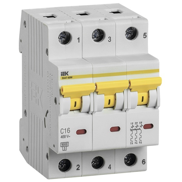 Автоматический выключатель ВА 47-60M 3Р 16А 6 кА характеристика С ИЭК (автомат электрический)