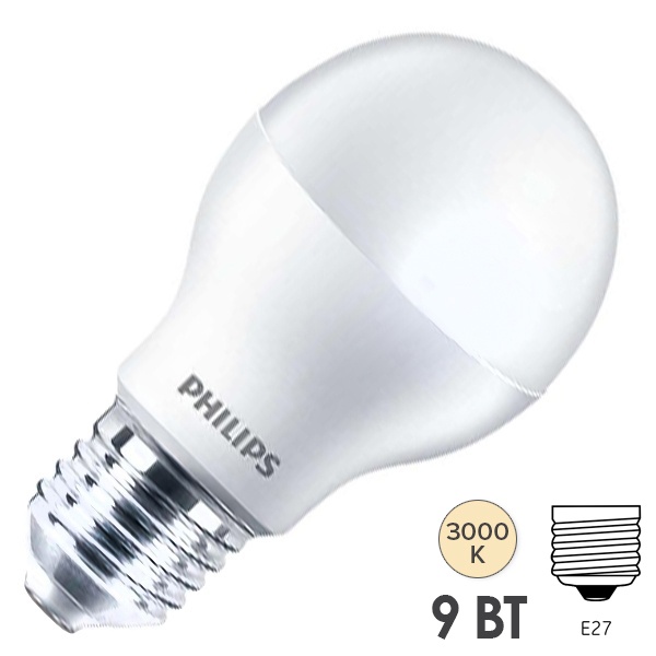 Лампа светодиодная Philips ESSENTIAL LEDBulb A60 9W (80W) E27 3000K 220V 900Lm теплый белый свет