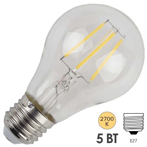 Лампа филаментная груша ЭРА F LED A60 5W 827 E27 теплый свет (5055945528978)