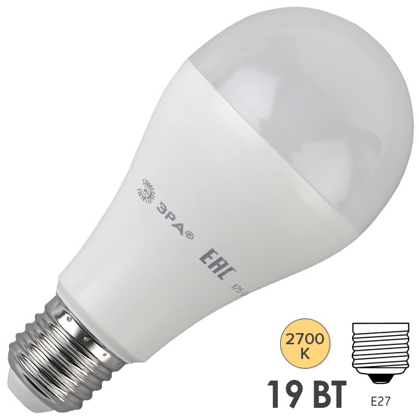Лампа светодиодная груша ЭРА LED A65 19W 827 E27 теплый свет (5056183711689)