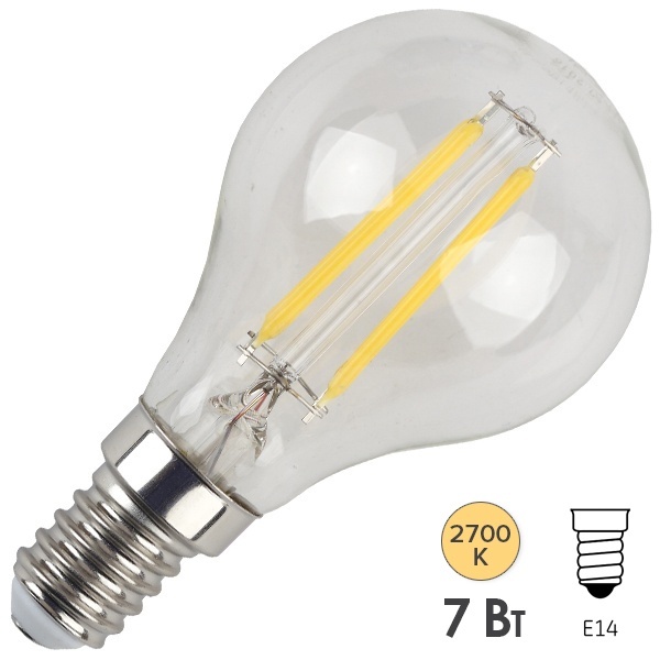 Лампа филаментная шарик ЭРА F LED P45 7W 827 E14 теплый свет (5055945576603)