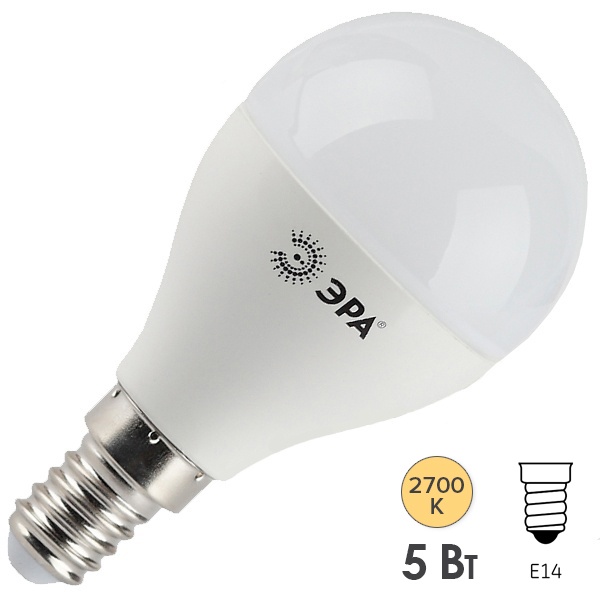 Лампа светодиодная шарик ЭРА LED P45 5W 827 E14 теплый свет (5055398604731)