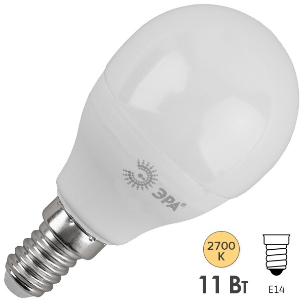 Лампа светодиодная шарик ЭРА LED P45 11W 827 E14 теплый свет (5056183732486)