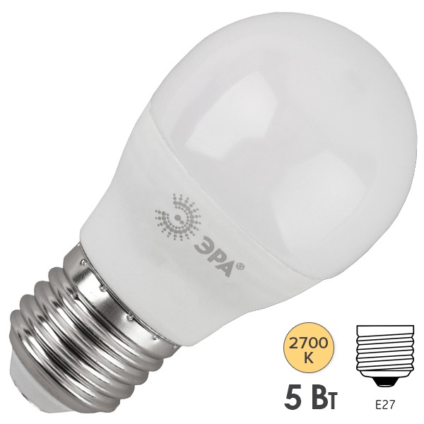 Лампа светодиодная шарик ЭРА LED P45 5W 827 E27 теплый свет (5055945566765)