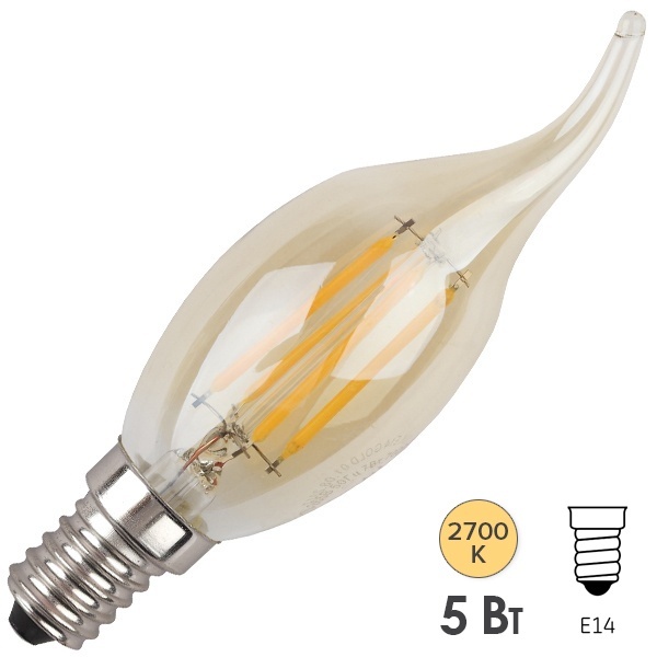 Лампа филаментная светодиодная свеча на ветру ЭРА F-LED BXS 5W 827 E14 gold Vintage теплый свет 6498