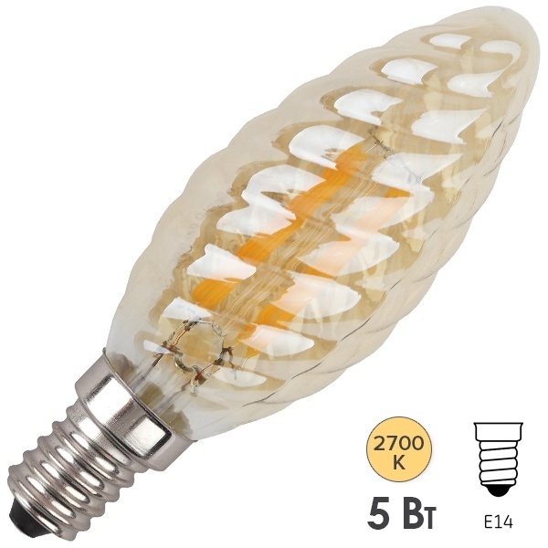 Лампа филаментная светодиодная свеча витая ЭРА F-LED BTW 5W 827 E14 gold Vintage теплый свет 575781