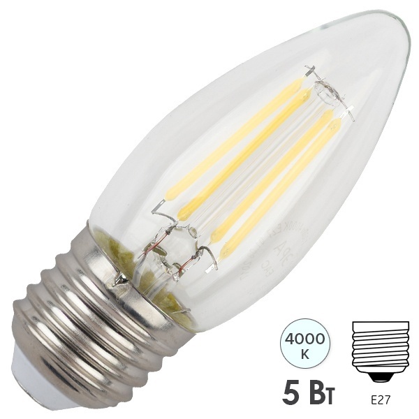 Лампа филаментная светодиодная свеча ЭРА F-LED B35 5W 840 E27 белый свет 575682