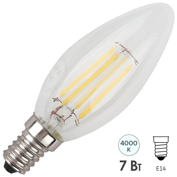 Лампа филаментная светодиодная свеча ЭРА F-LED B35 7W 840 E14 белый свет 575736