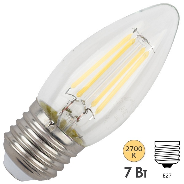 Лампа филаментная светодиодная свеча ЭРА F-LED B35 7W 827 E27 теплый свет 575729